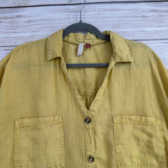 Pilcro Anthropologie Linen V-Neck Button Down Shirt Womens Medium Yellow - Picture 3 of 11
